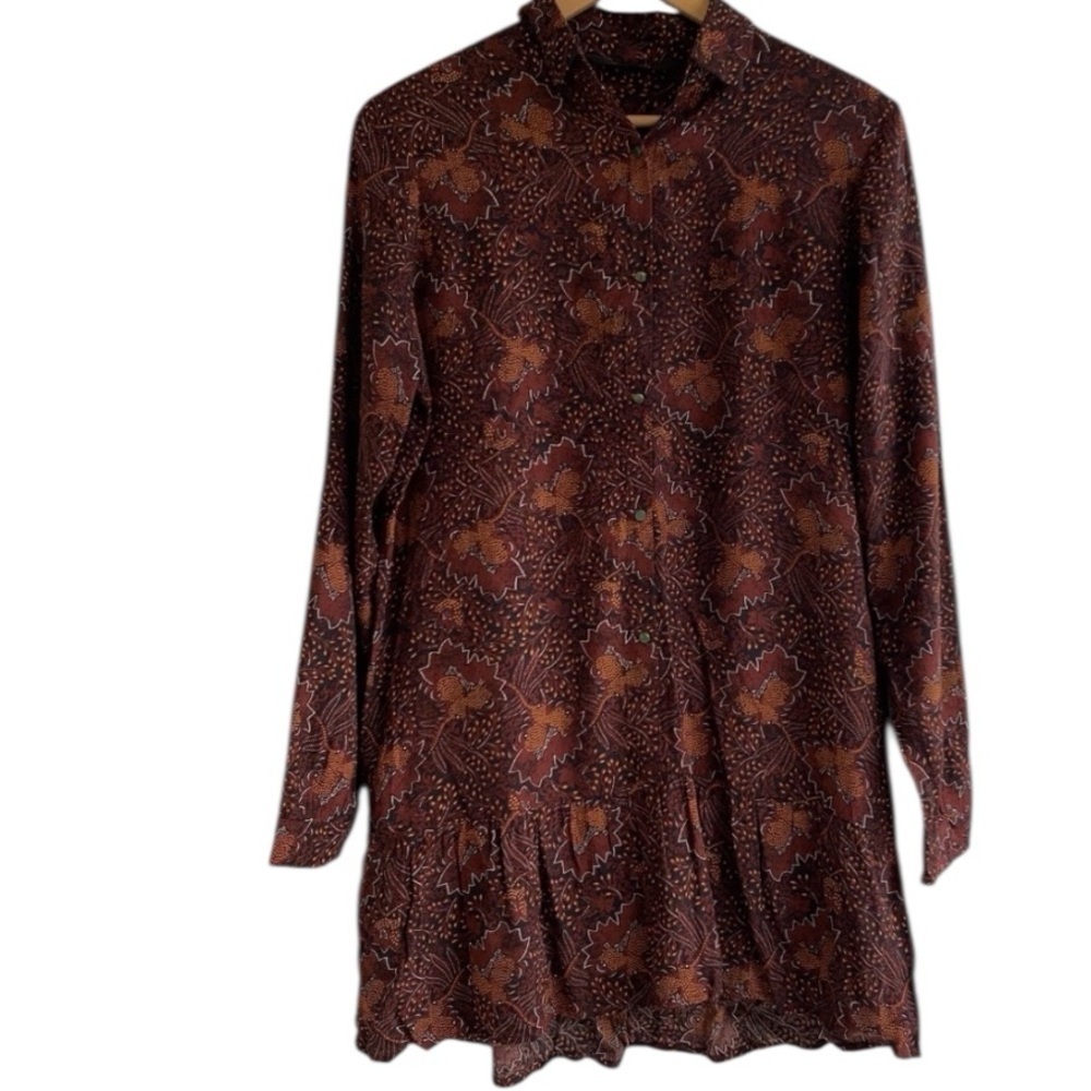 Knot Sisters Shift Tunic Shirt Dress Long Sleeve Buttons Ruffled Hem SMALL